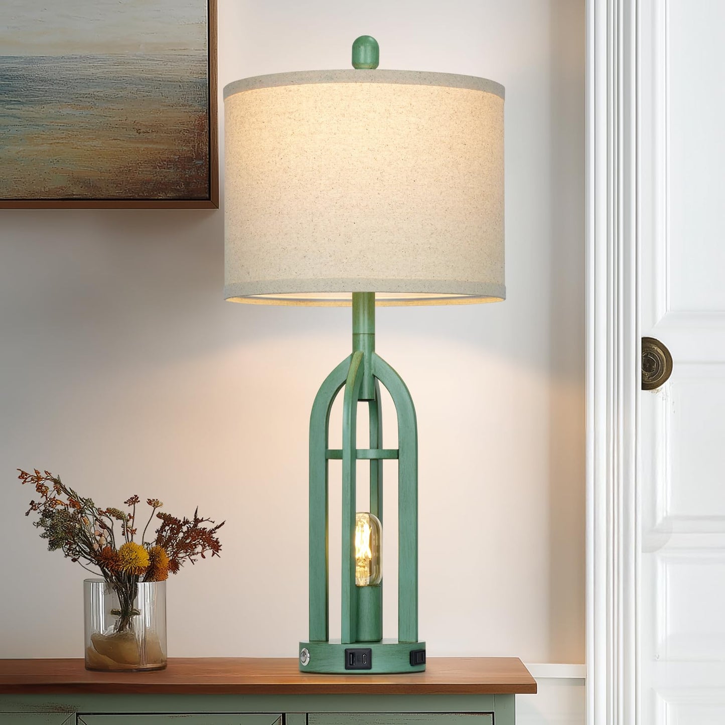 Cinyirong 27in Coastal Lamp, Retro-Green Metal Touch Control Table Lamp with USB & AC Outlet, 3-Way Dimmable, Bedroom Living Room