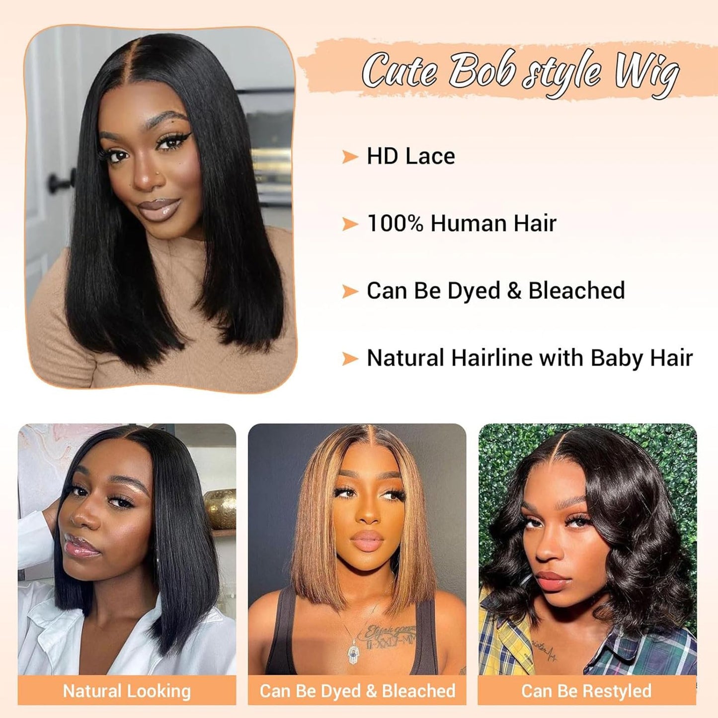 WIGOPARTY Bob Wig Human Hair Glueless - 180% Density Short Straight Wig for Black Women, 4x4 HD Lace Front Pre Plucked & Pre Cut