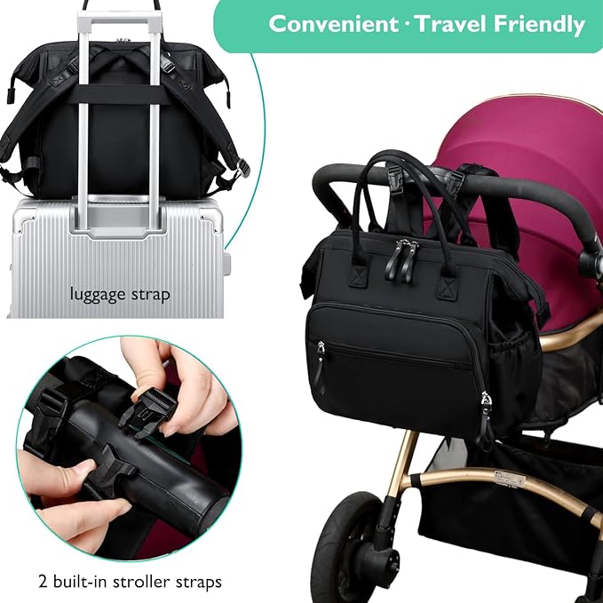 Convertible Diaper Bag Tote, Wide Open Top 14 Pockets Stylish Baby Diaper Bag with Stroller Buckle, Water-resistant (Black-Gold, Extral-large)