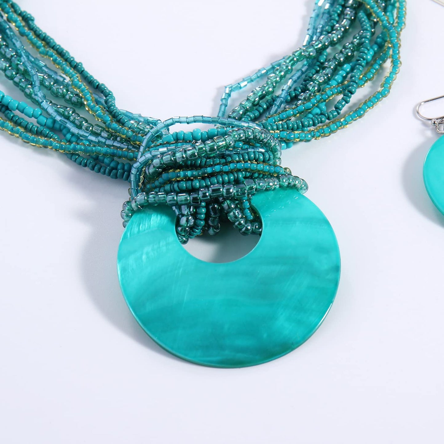 Coiris Multi Strand Statement Colorful Beaded Necklace with Big Circle Shell Pendant for Women (N0055-Teal)