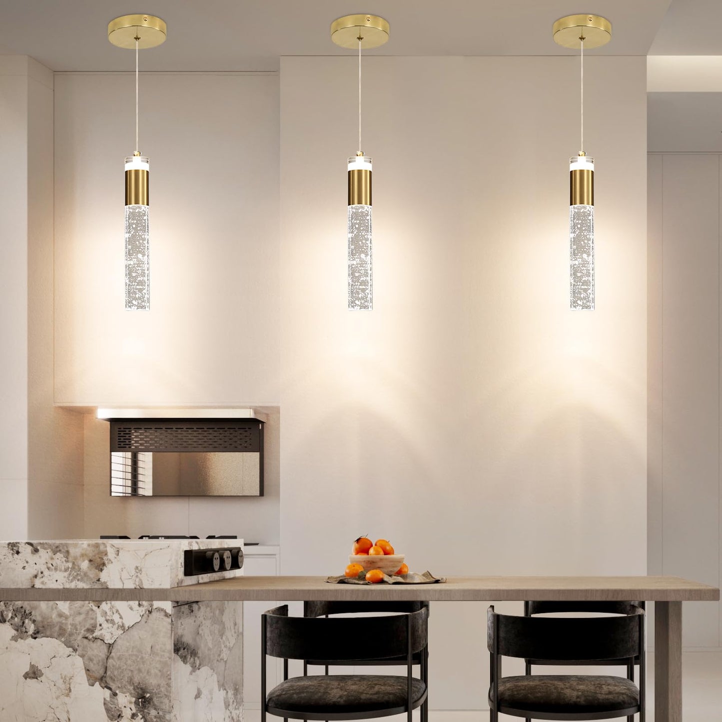 3 Pack Modern Kitchen Island Pendant Lights Gold Bubble Crystal Ceiling Hanging Light 3 Color 2700K/4500K/6500K Mini Linear Led Chandelier Lighting For Dining Room Bedroom Bar Hallway Bedside