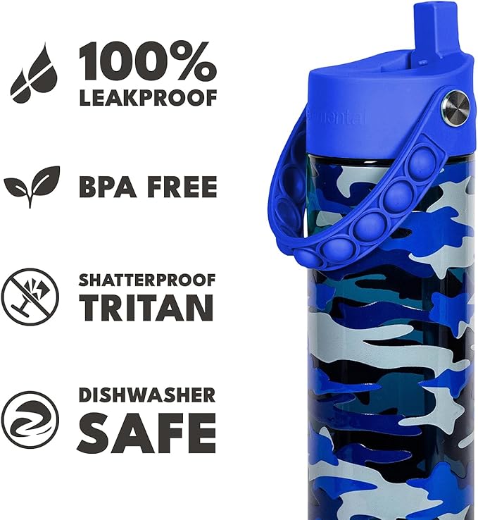 Elemental Splash Water Bottle with Straw - BPA-Free Tritan Plastic Reusable Water Bottle with Pop It Strap - Ideal for Travel, Gym and Sports - Leak Proof when Spout is Closed - 26oz - Blue Camo