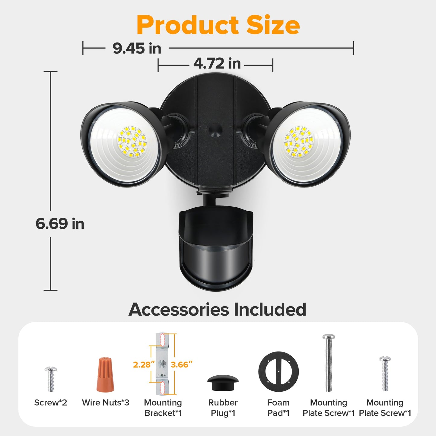 Ume Led Security Light Motion Sensor Outdoor Lights 27W 3000Lm 5000K Ip65 Waterproof Dusk To Dawn 2 Head Motion Detector Flood Light For Outside Garage Yard (Black)