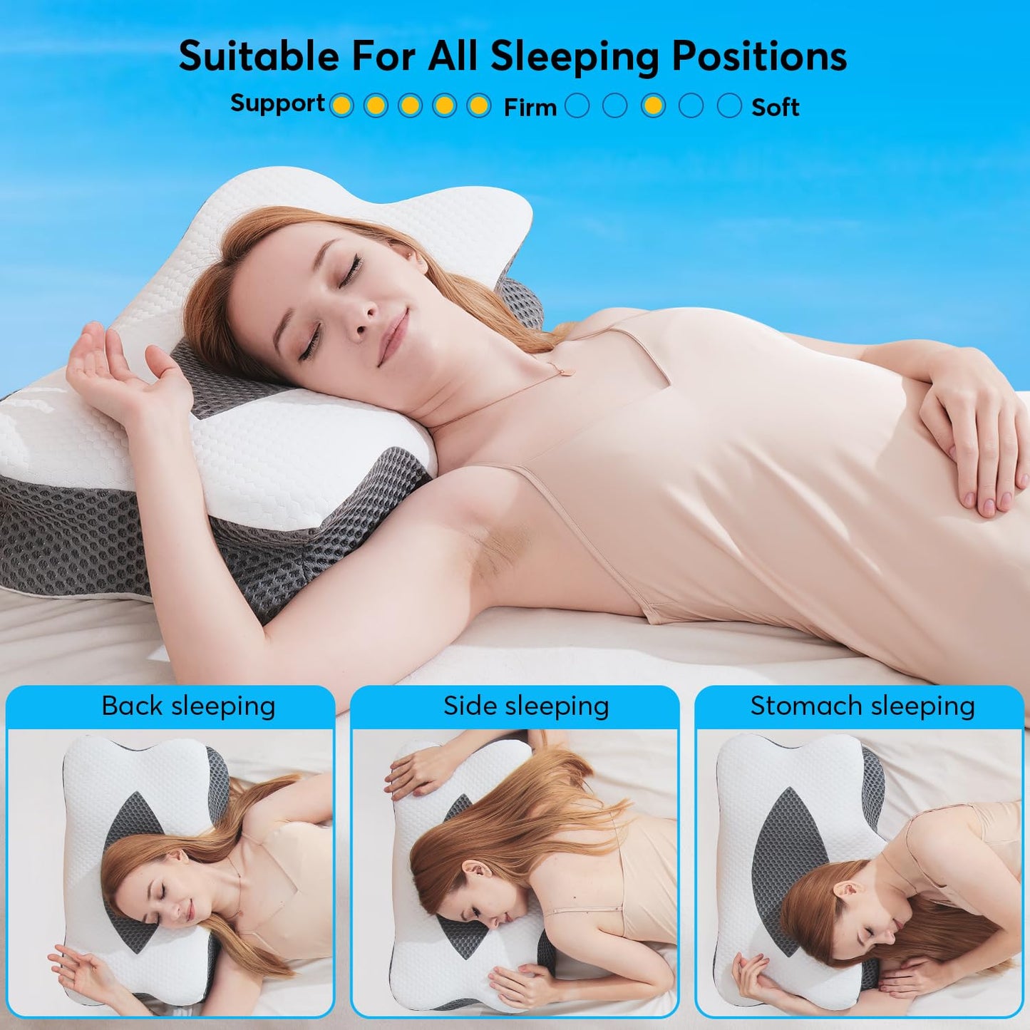 Anvo Cervical Pillow for Neck Pain Relief - Neck Pillows for Pain Relief Sleeping - Pillow for Neck and Shoulder Pain - Ergonomic Design for Side Back Stomach Sleeper-Grey Queen Firm