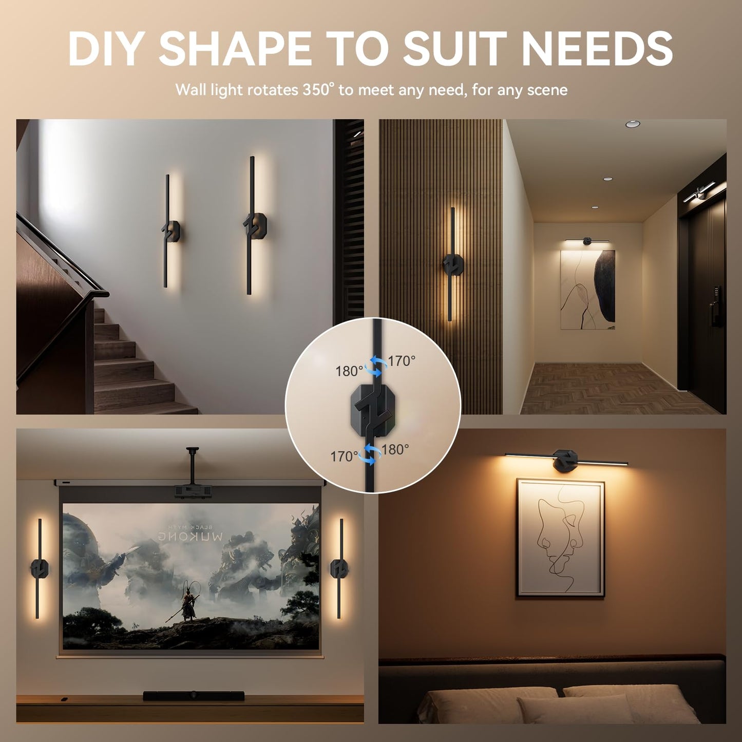 hunhun Battery Operated Wall Sconce Set of Two, USB Rechargeable, Dimmable 3000K-6000K, 28 inch, Black, Model BD730
