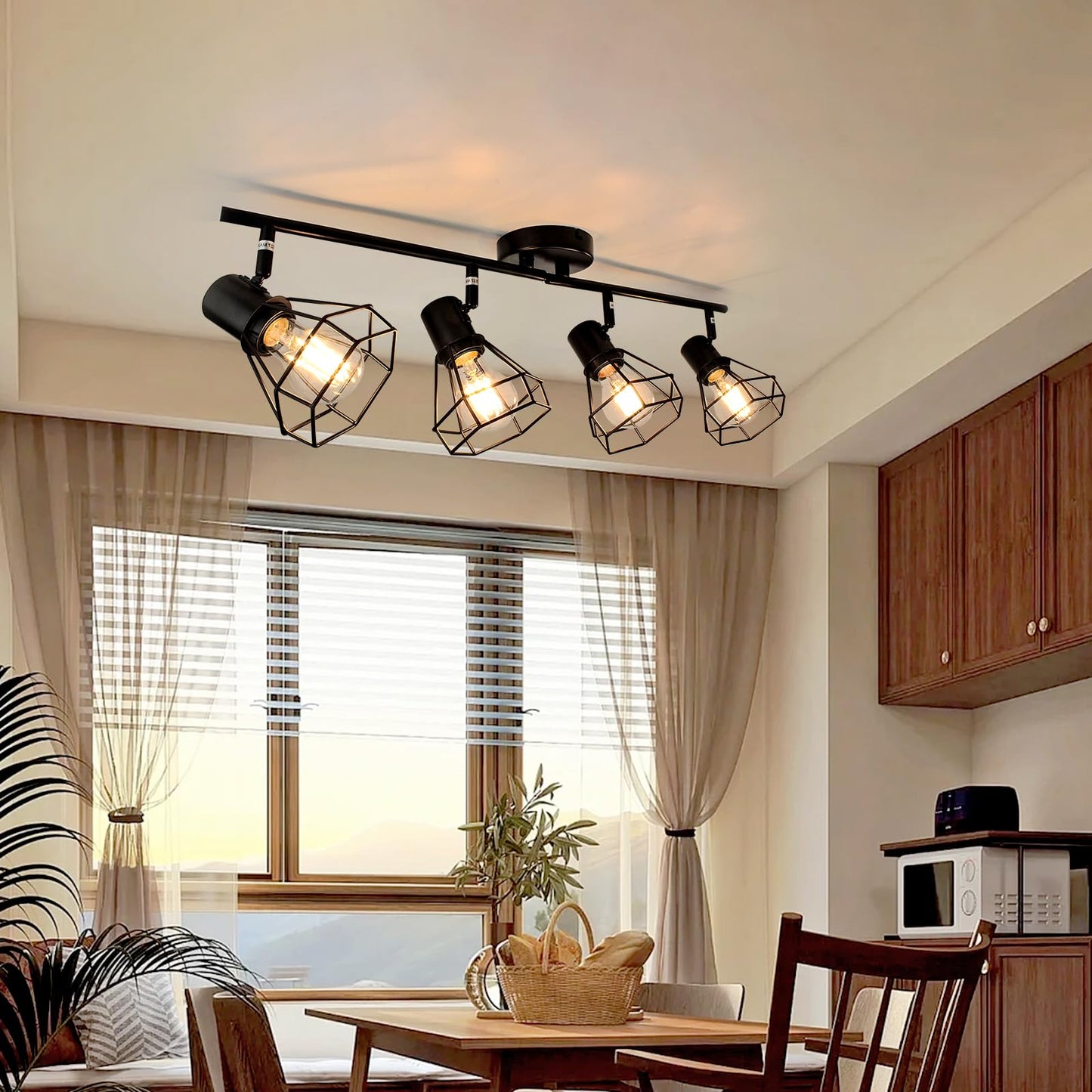 Hibay 4-Light Track Lighting Farmhouse Industrial Directional Ceiling Track Light Fixtures Black Geometric Cage Spotlight Indoor For Kitchen Bedroom Hallway E26 Base (Bulbs Not Included)