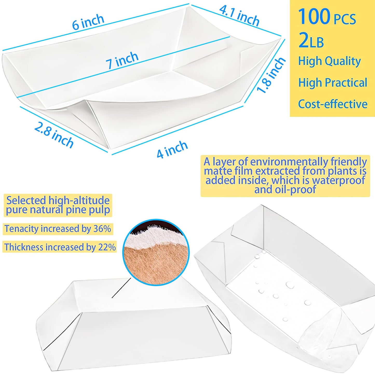 MotBach 100 Pack 2lb Kraft Paper Food Trays, Waterproof Heavy-Duty Paper Food Boats Disposable Serving Baskets Trays for Fries Sandwiches Burgers Hot Dogs Taco BBQ Popcorn Picnic Wedding Party (White)