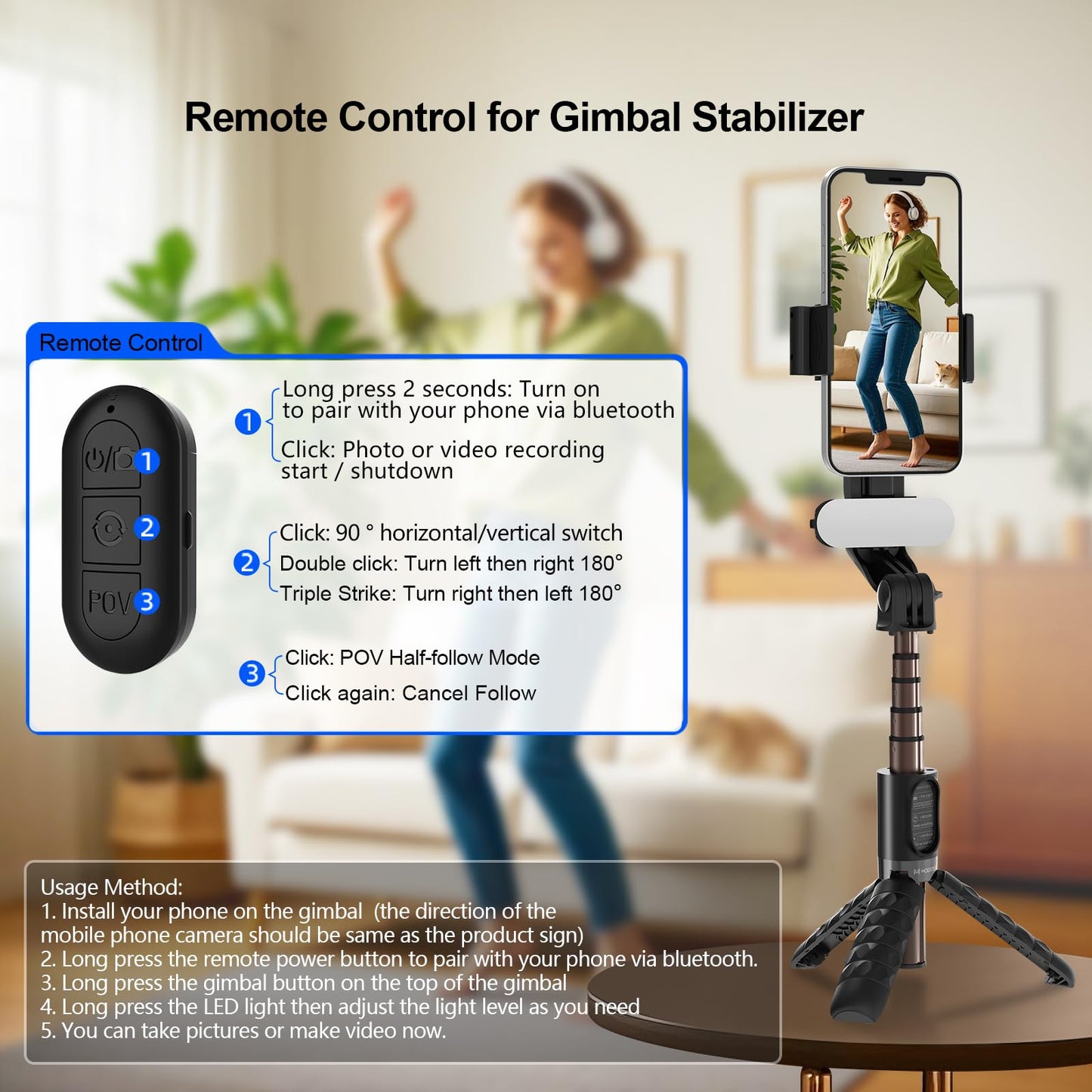 Gimbal Stabilizer For Iphone, Pov Half-Following Mode, Phone Gimbal With Detachable Fill Light, 360 Auto Rotation, Extendable Ro