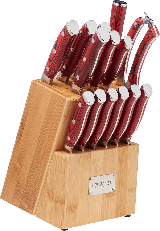 Ergo Chef Crimson Series Bamboo Block Knife Set Forged High Carbon X50CrMoV15 German Stainless-Steel, Full Tang, Durable G10 Handles (15pc. Block Set)