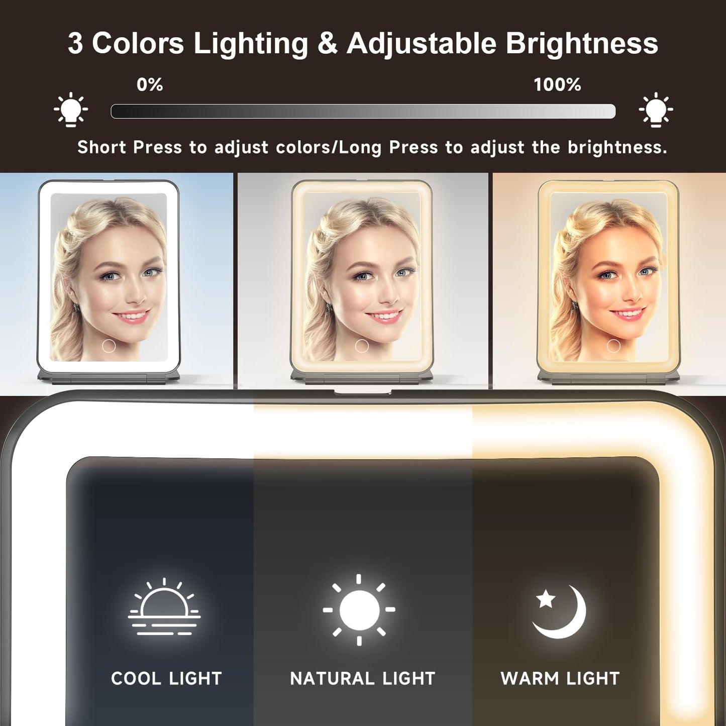 Mocado Travel Makeup Mirror with Light, 1x/10x Magnifying Mirror with Light, 3 Colors Lighted Magnifying Mirror, 2000mAh Recharg