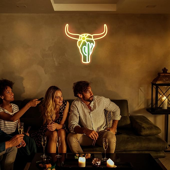 Bull Cactus Sun Neon Sign Texas Longhorn Bull Neon Lights for Bedroom Western Landscape LED Sign Cow Head Neon Lights Signs Orange Cowboy Light Up Signs for Wall Bar Man Cave Game Room Decor
