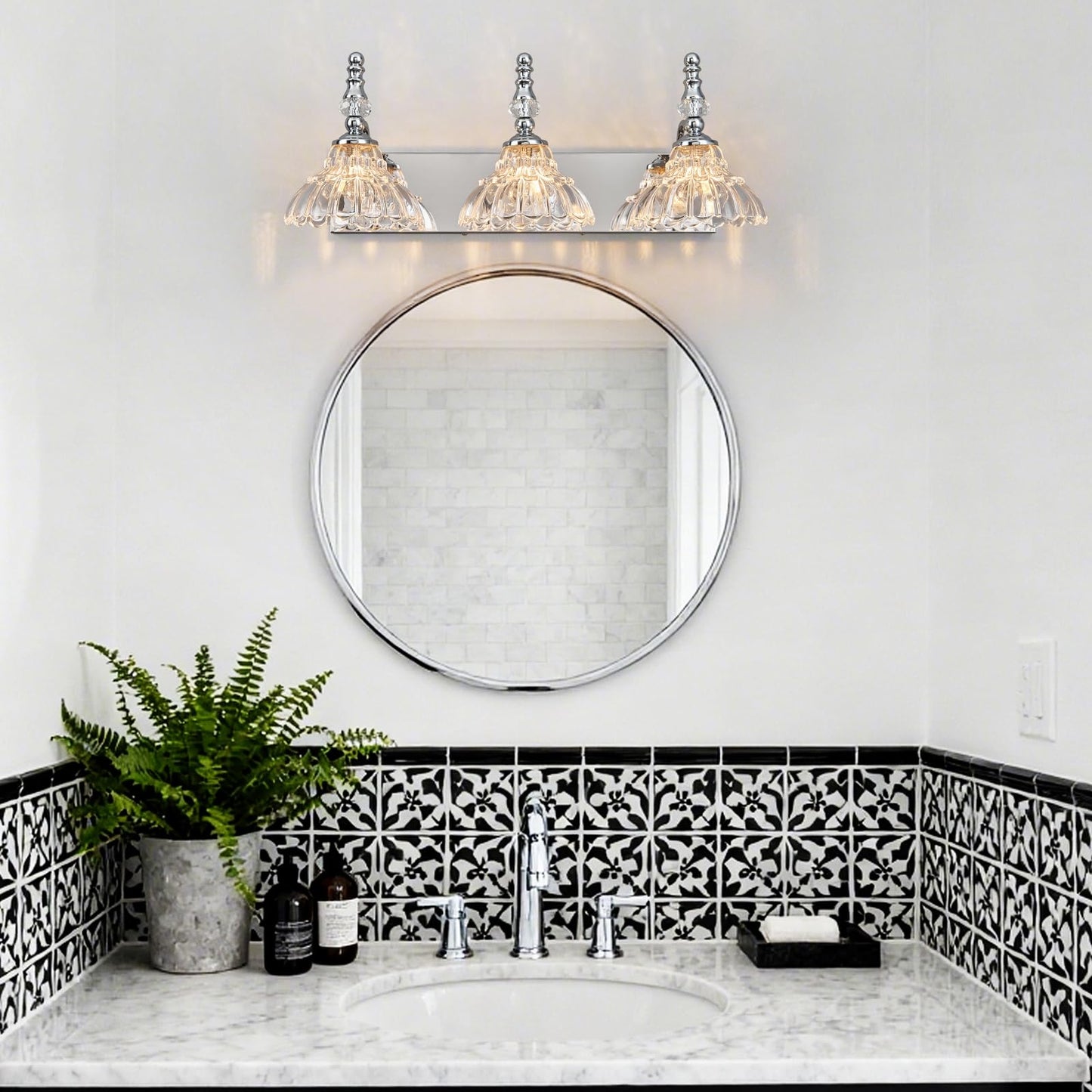 Lbsqj Vintage Bathroom Vanity Light 3-Light Chrome Vanity Lighting Fixture With Flower Glass Shade Bathroom Lighting Fixtures Over Mirror