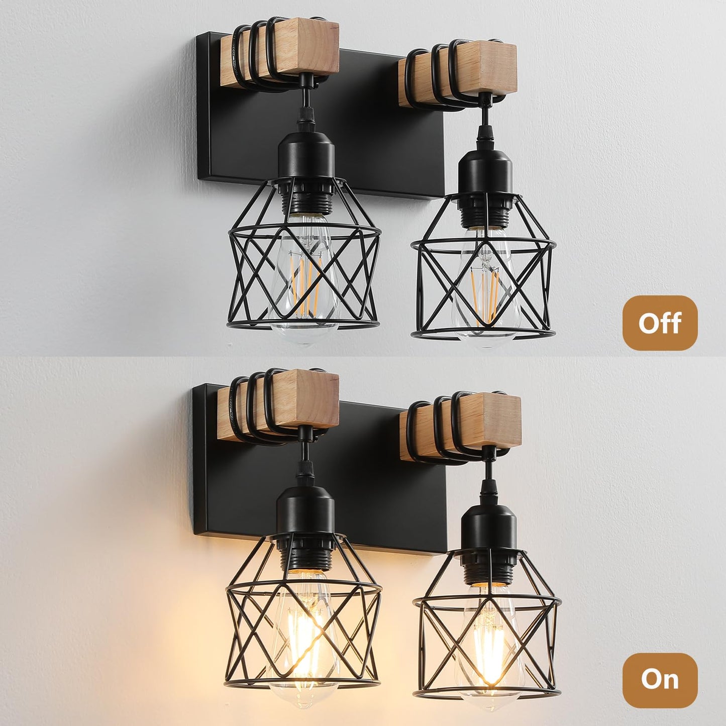 Farmhouse Vanity Light Fixture 2-Light Bathroom Lighting Black Industrial Wood Wall Light Over Mirror With Metal Shade