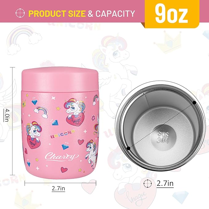 Charcy 9oz Stainless Steel Vacuum Insulated Kids Food Jar - Soup Thermo for Hot & Cold Food - Magenta Unicorn