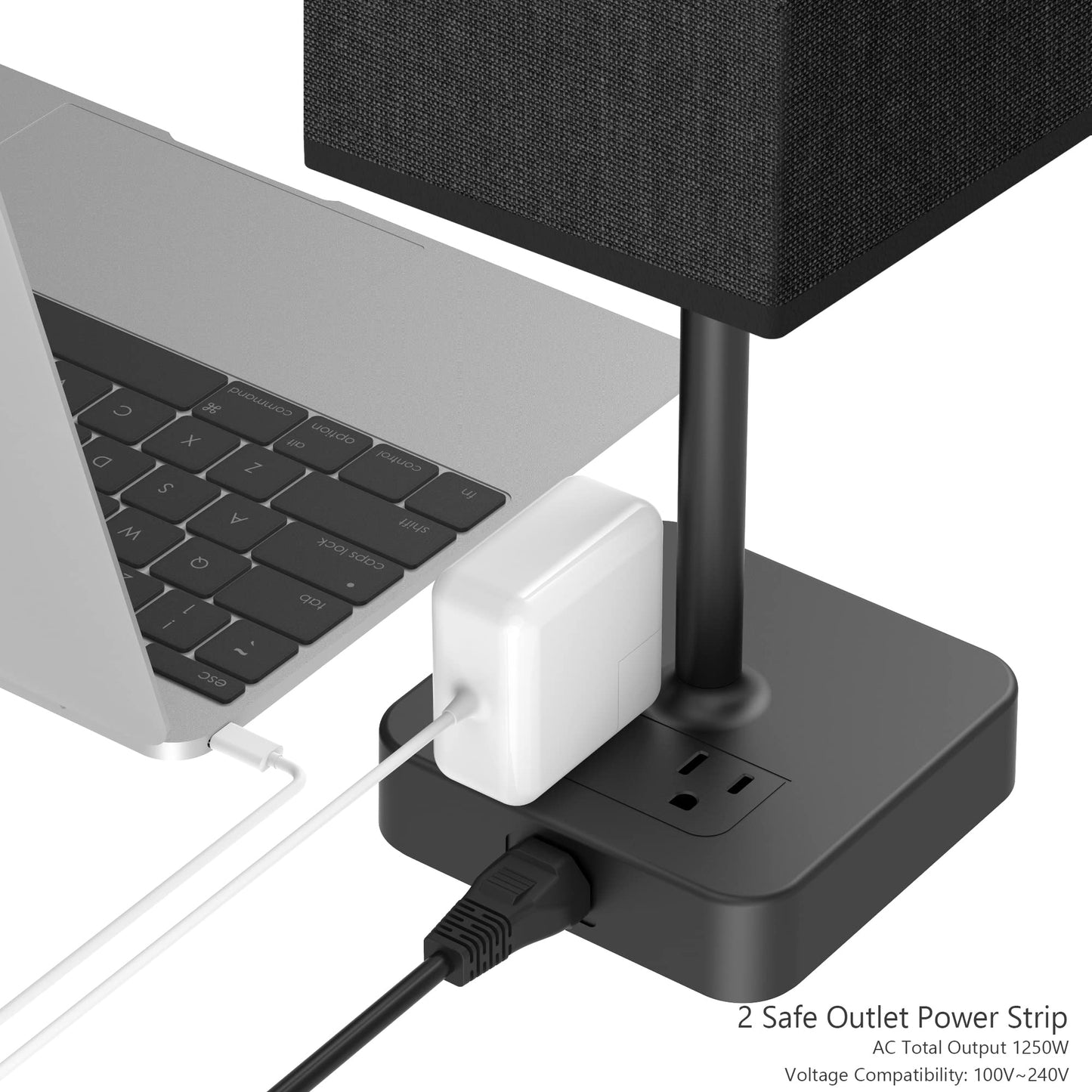 Alimentata Bedside Table Lamp with USB C & A Ports, 2 AC Outlets, Black Fabric Shade, Minimalist Design for Bedroom/Office