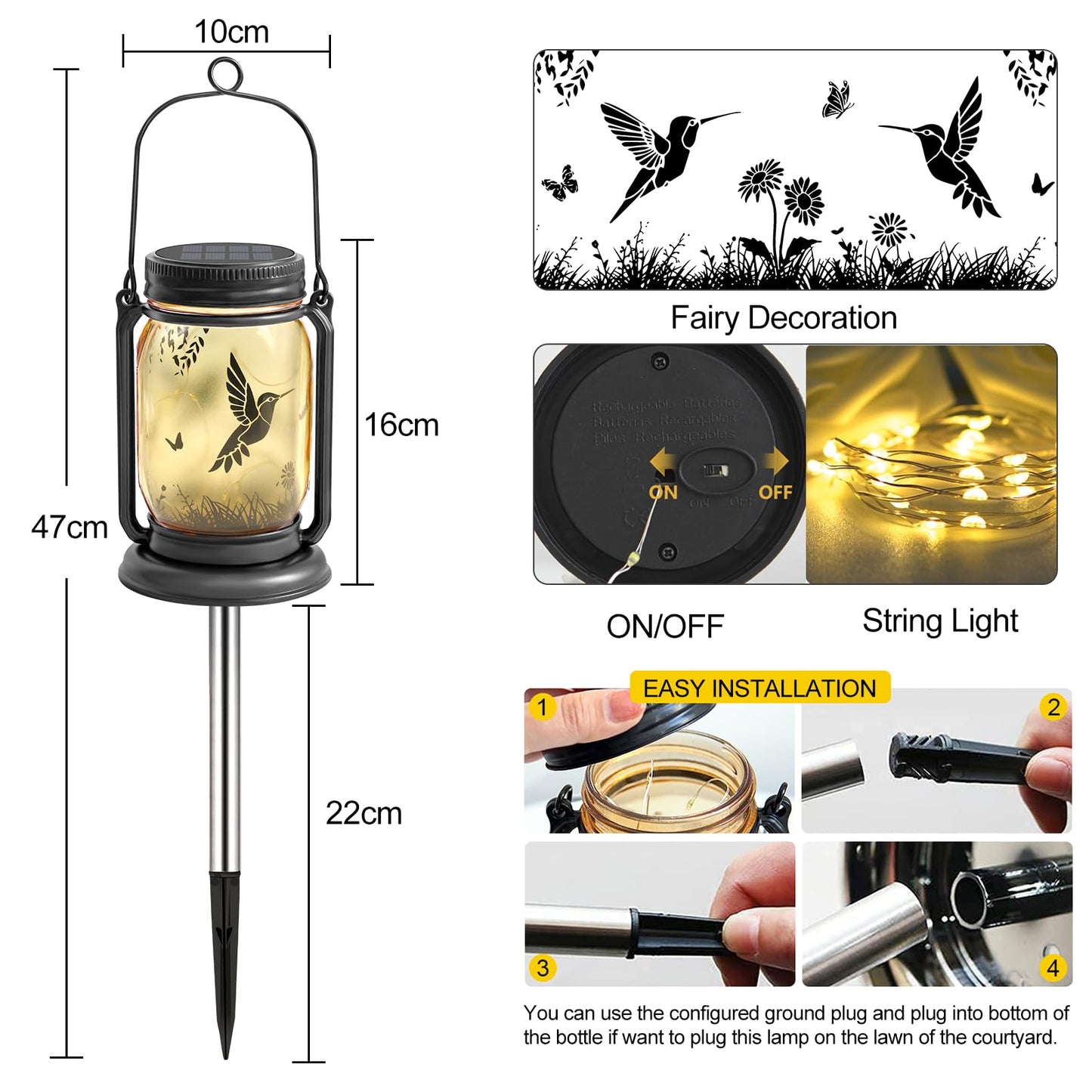 YJFWAL Hummingbird Solar Lanterns, 2 Pack, Vintage Glass, Warm White, Waterproof, Garden Lights, Model NEW-Hummingbird fugumeisen-2P