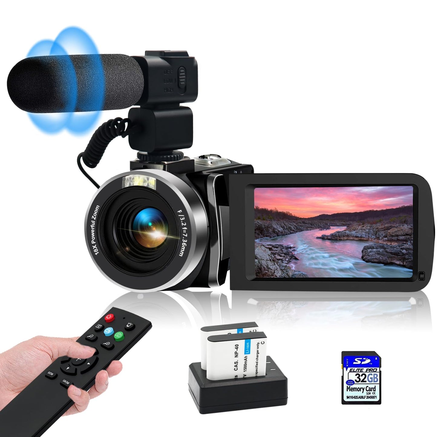 YEEIN Camcorders Video Camera 4k with 3 Touch Screen and 32G Card WiFi Digital Camera 18X Digital Zoom Vlogging Camera for YouTube Video Recording Kids Video Camera Remote Microphone-New