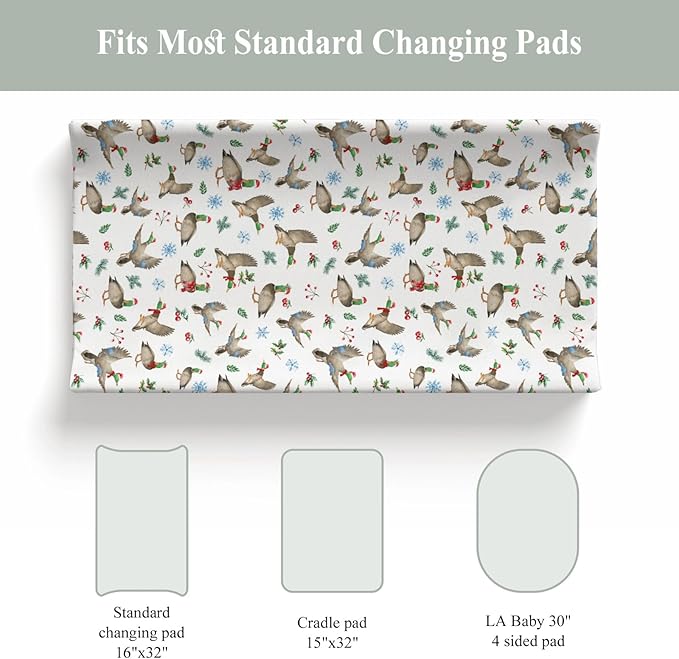 Christmas Mallard Ducks Changing Pad Covers for Baby Girl Boy Winter Green Ducks Fir Leaves Snowflakes Fitted Change Table Cover Mats Hunting Ducks Soft Diaper Changing Table Sheets 32''×16''
