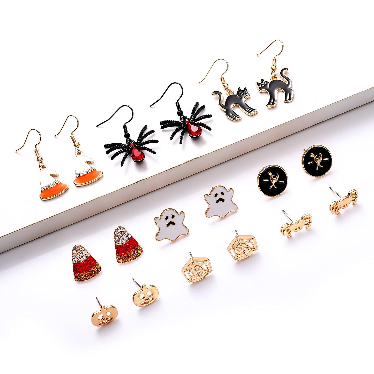 PHALIN Halloween Earrings Set, Spider Web Pumpkin Ghost Bat Drop Earring Studs for Women Halloween Jewelry Set for Party (9 Pair