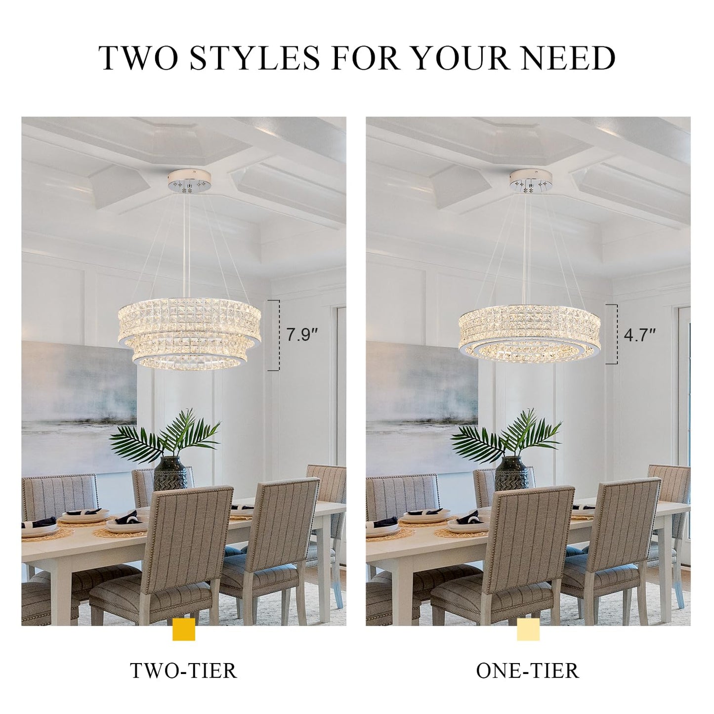 Poemoon LED Crystal Chandelier 2-Tier Dimmable Light Fixture 20in Chrome Model 4003-500C for Dining Room Bedroom Kitchen