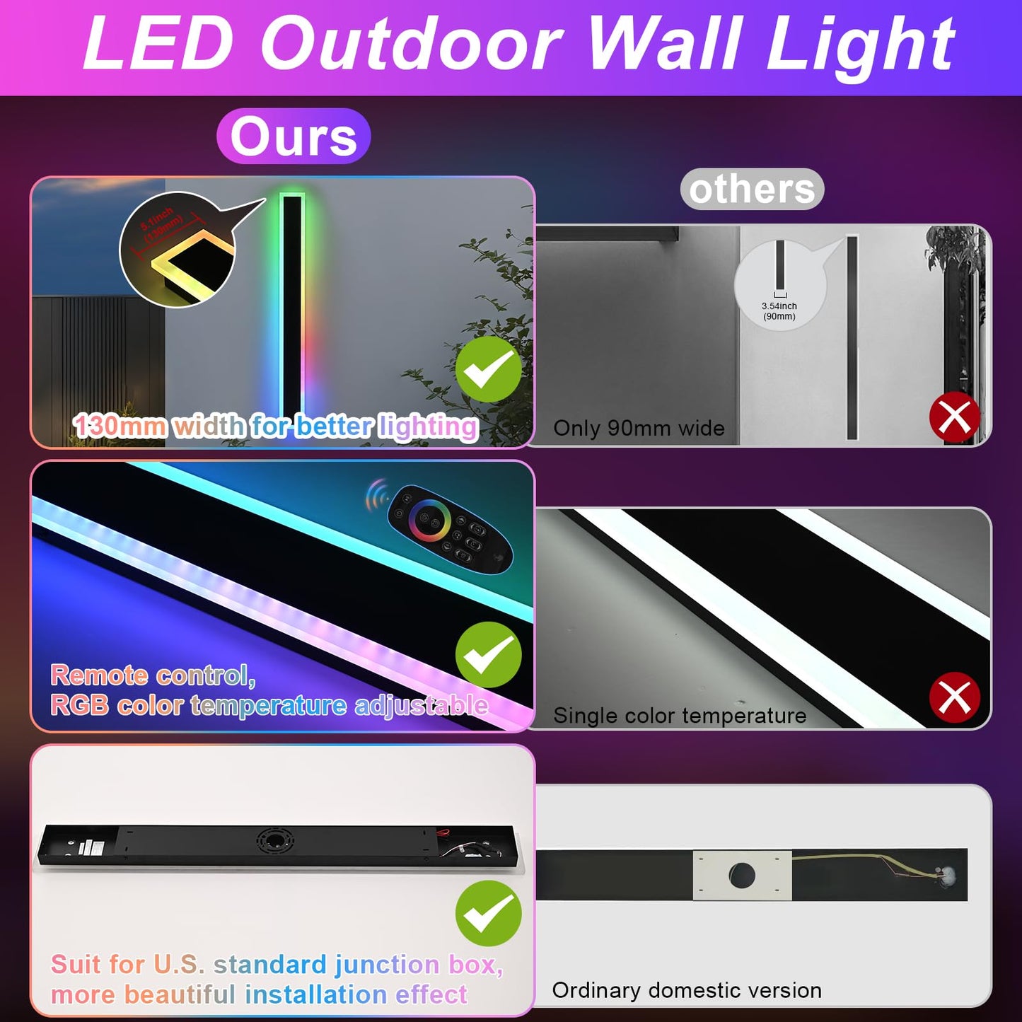 QueeuQ RGB LED Outdoor Wall Lights, 24 inch Dimmable Metal Fixture, 2 Pack, Model 11-SZ-9970-RGBCW-12W-24in