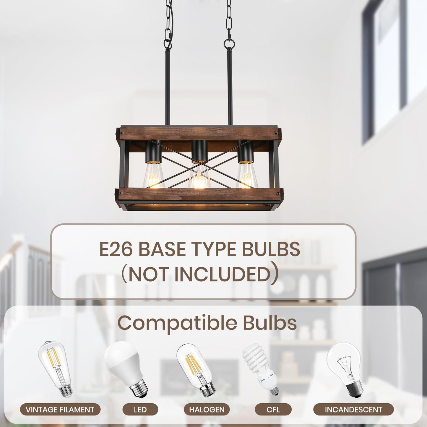 Hoxiya Farmhouse Kitchen Island Light 3 Lights Pendant Lighting Fixture Rustic Wood Chandelier Adjustable Height Metal Linear Light For Dining Room Kitchen Bar Pool Table.