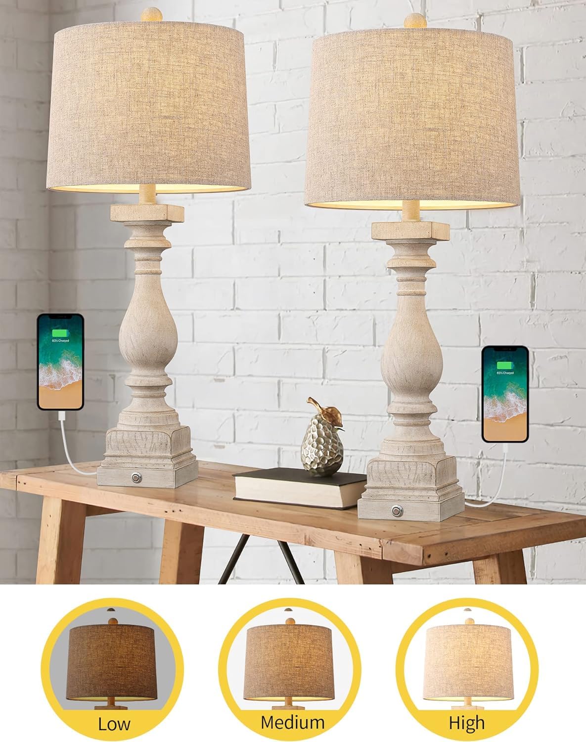 BOBOMOMO 27in Farmhouse Table Lamp Set of 2, Dimmable Touch Control, USB A & C Ports, Resin, Beige, Model AMZ-T279WW-TU
