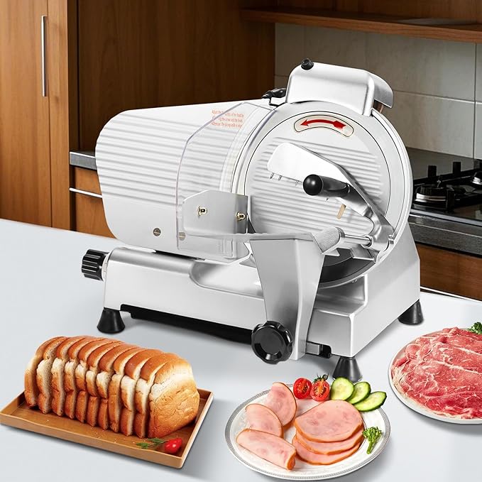 HECMAC 10 inch Commercial Meat Slicer, 150W Electric Deil Food Slicer with Removable Blade & Built-in Sharpening Stone,0.2-12mm Adjustable Thickness for Commercial and Home Use, Cut Ham, Bread, Cheese