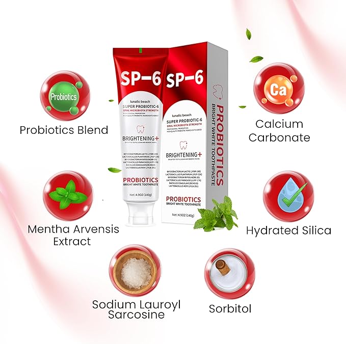 SP 6 Toothpaste for Teeth Brightening & Fresh Breath, 6 Probiotics Formula for Gum Health, Fluoride-Free, Mint Fresh Flavor, 4.9 oz (1, Mint)