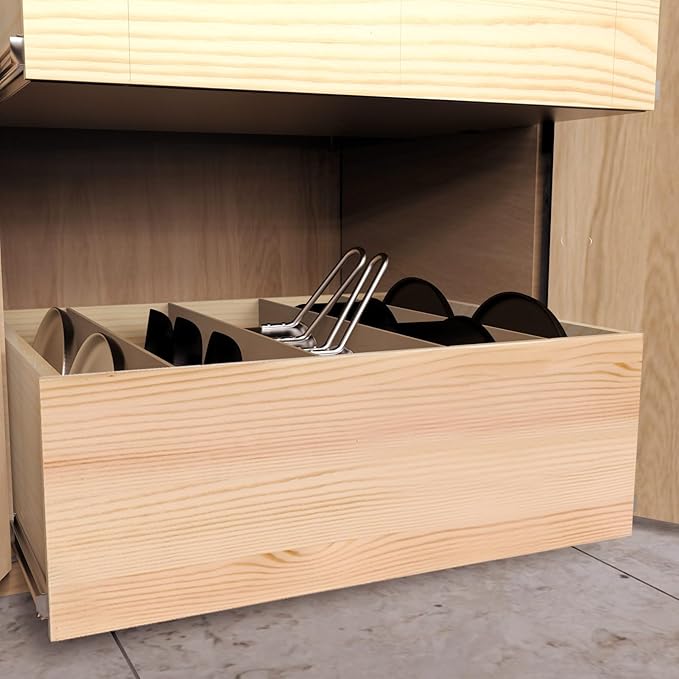 Pull Out Cabinet Organizer with Divider, 22''W×21''D×7''H Soft Close Wood Drawer for Kitchen Pantry, Finished, Heavy-Duty, Bottom Assembly (Wood Drawer Part Width is 21'')