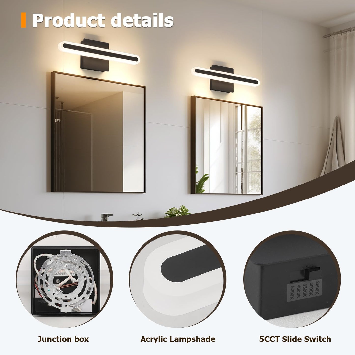 Joosenhouse Modern LED Bathroom Vanity Light Bar, 15.7-Inch, 16W, Dimmable, Black, Hardwired, Model 9872