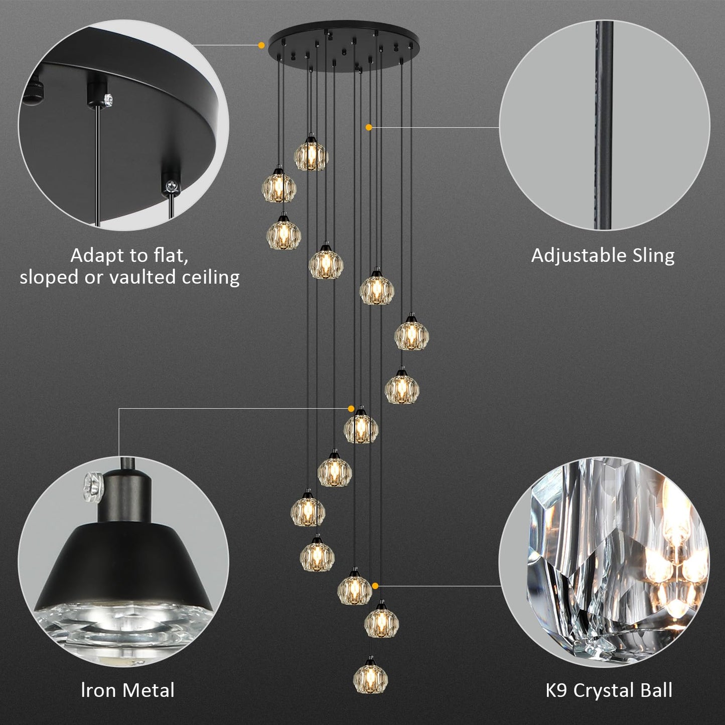 Weesalife 14-Light Crystal Chandelier, Black Brass Pendant Light Fixture for High Ceilings, Living Room, Kitchen, Foyer, Model 8817-12C BR