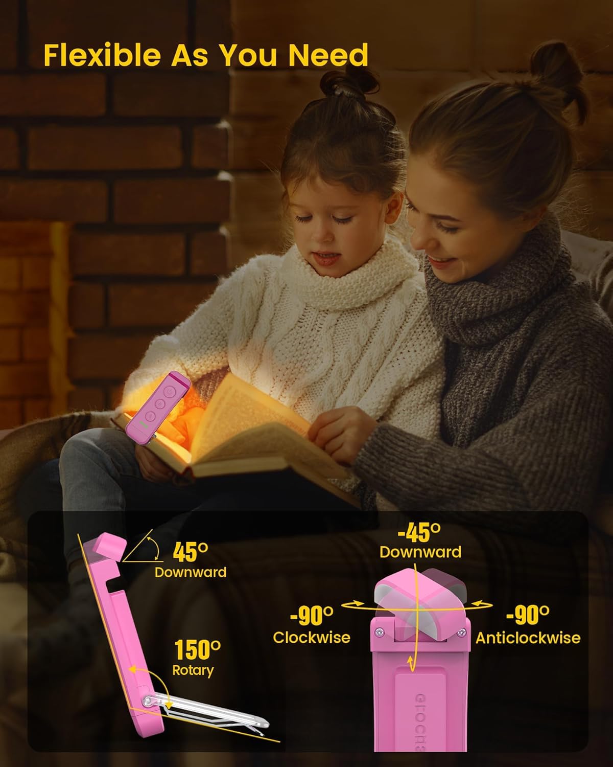 Glocusent USB Rechargeable Book Light, Clip-on LED, 3 Amber Colors, 5 Brightness Levels, Compact, Model A15, Small