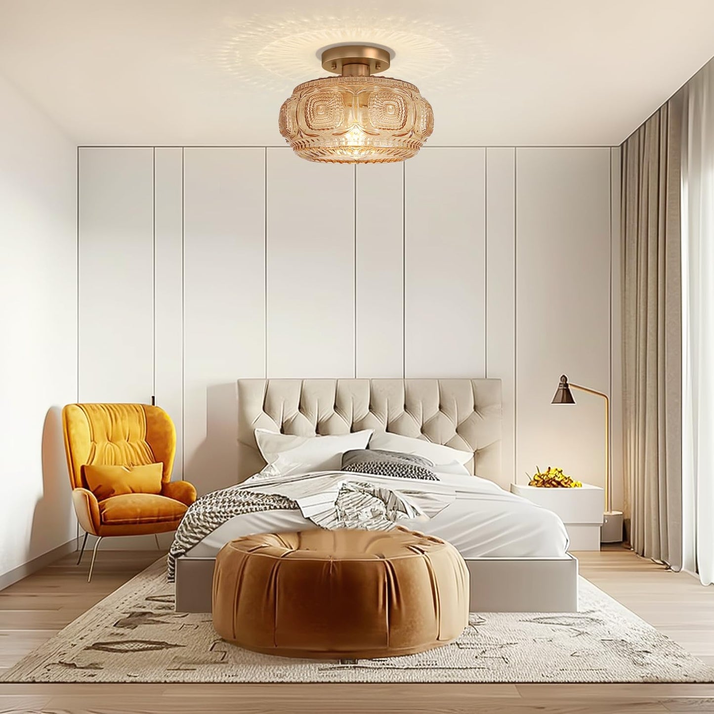 Oykyohei Semi Flush Mount Ceiling Light Upgraded Larger Amber Glass Ceiling Light Fixture Vintage Lighting For Hallway Kitchen Bedroom Dining Room Bulb Not Included