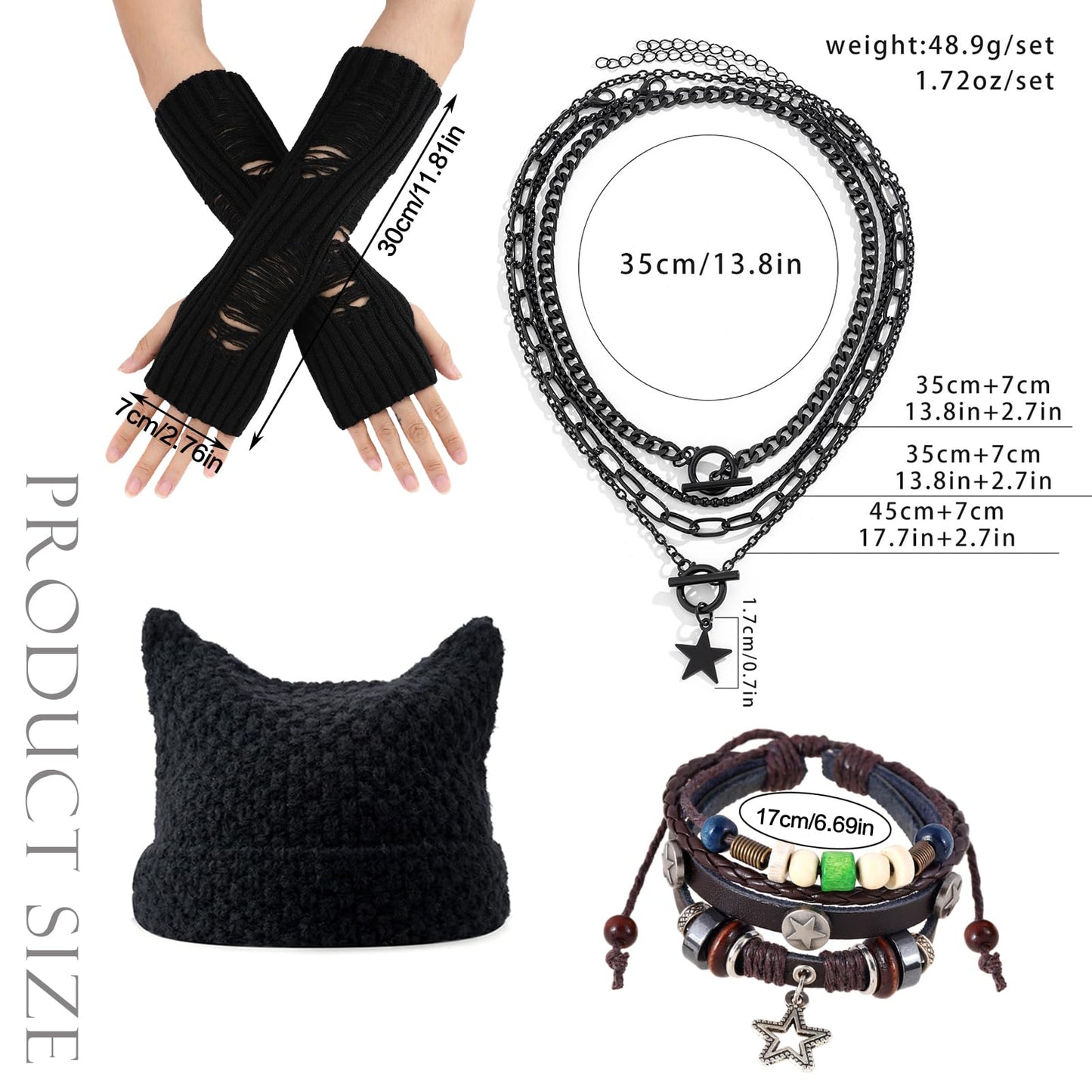 4PCS Therian Stuff Y2K Clothes,Therian Gloves,Knitted Headband Hat,Y2K Fairy Grunge Bracelet,Grunge Necklace,Therian Accessories Christmas Cosplay Party Jewelry Gift for Women