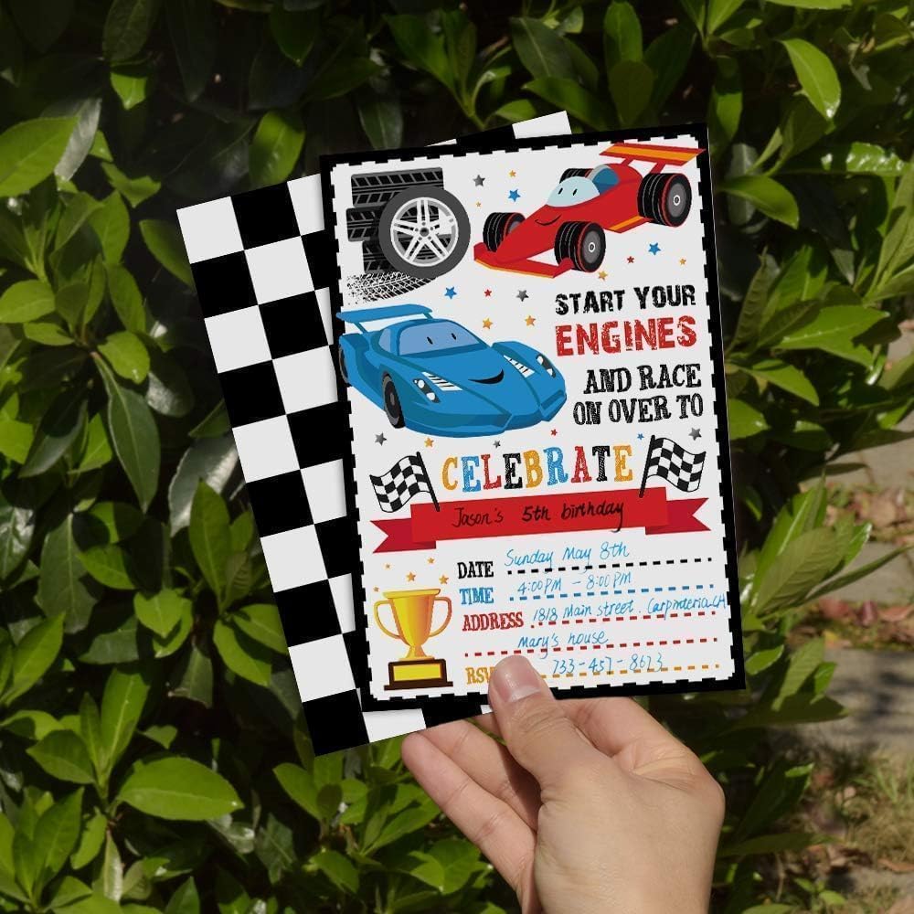 WERNNSAI 20 Count Racing Car Party Invitation - Race Car Birthday Invitation with Envelopes for Boys Kid Cars Party Supplies Racing Birthday Invite Cards Fill-in Style for Baby Shower Graduation Favor