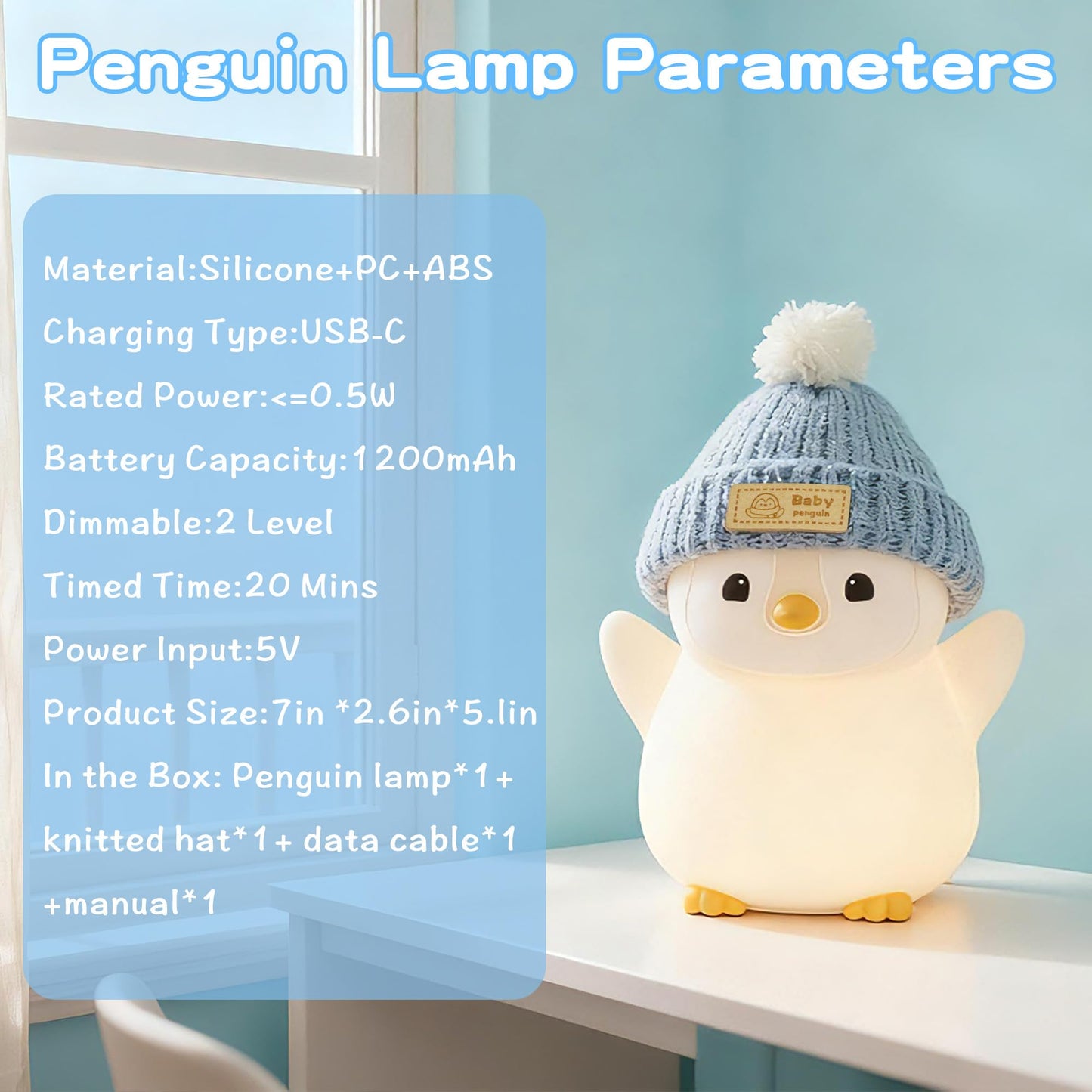 Famiduo Penguin Night Light For Kids Adorable Penguin Lamp With Hat Food Grade Silicone Nursery Nightlight Rechargeable/Dimmable/Timer Led Squishy Novelty Animal Bedside Lamp Funny Gifts For Boys