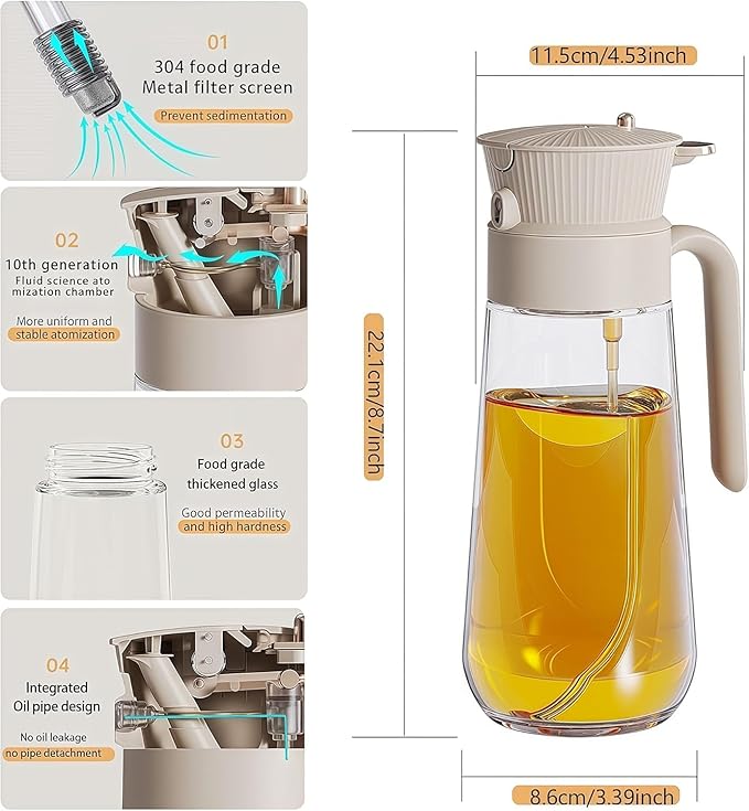 2025 New 18.6oz/550ml Olive Oil Sprayer for Cooking, Leak Glass Olive Oil Dispenser Bottle, 2 in 1 Oil Dispenser and Oil Sprayer, Switch Between Mist & Precision Pour for Air Fryer, BBQ, Salad,Baking