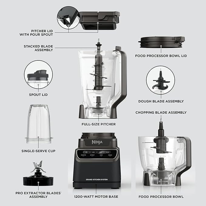 Ninja Grand Kitchen System KS500, 1200-Watt Blender & Food Processor Combo, 72oz Pitcher, 8-Cup Processor Bowl, 18oz To-Go Cup, 4 Preset Programs for Smoothies, Extract, Dough & Chop, Black