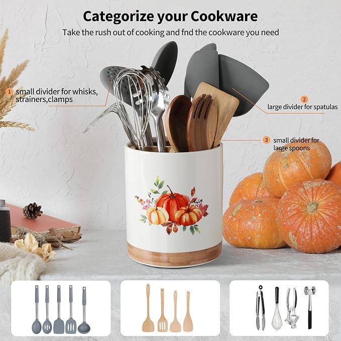 HAPPY KIT 7.6″ Utensil Holder Autumn Decor - 360° Rotating Utensil Holder Pumpkin Decor for Kitchen Counter with 3 Removable Compartment, Housewarming Gift & Farmhouse Decor