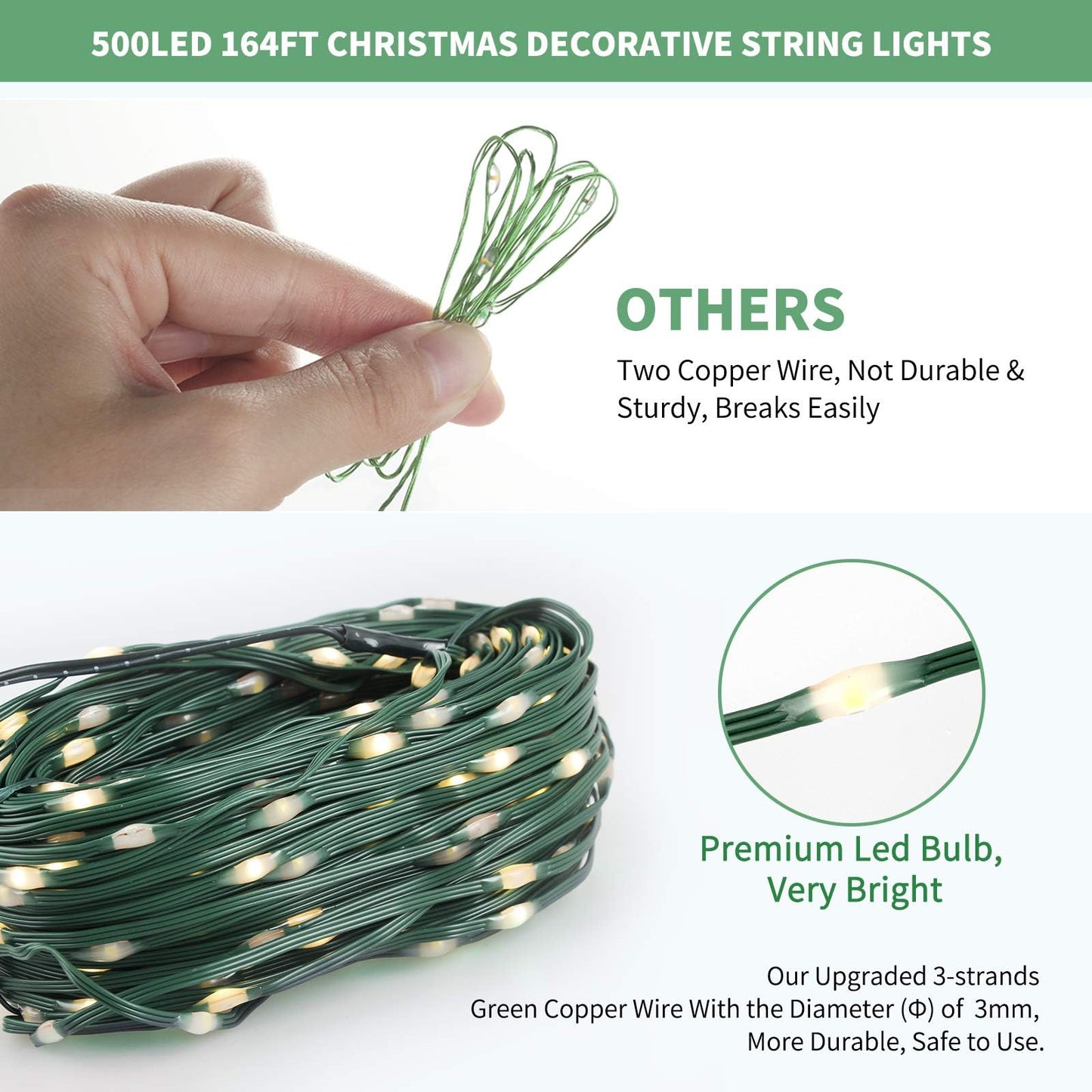 Tcamp 164Ft 500 Led Red Christmas Lights 8 Modes Christmas Tree Lights With Timer Memory Function Green Wire Starry Fairy String Light For Xmas Tree Outdoor Indoor Decor