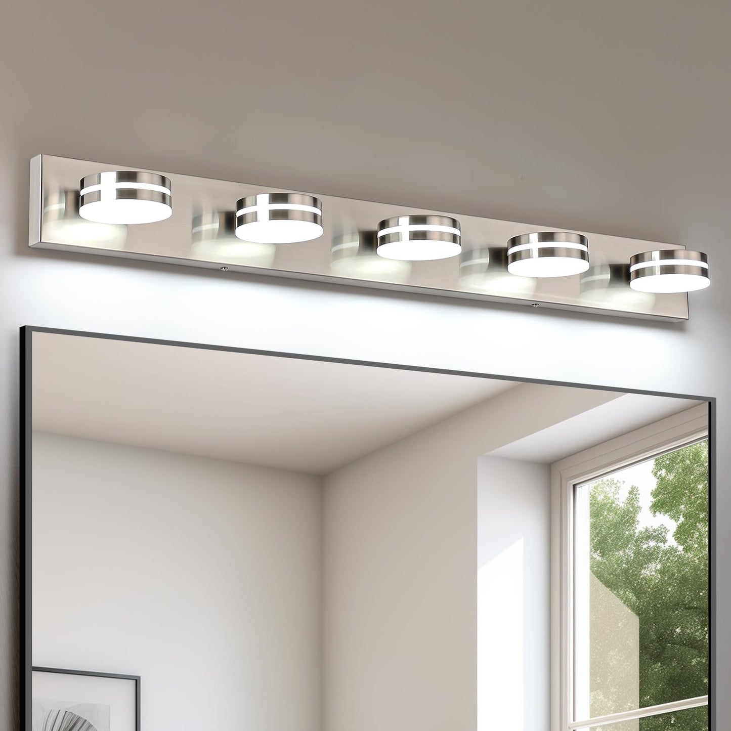 Bicrink Brushed Nickel Bathroom Light Fixtures Over Mirror 5-Light Bathroom Vanity Light Led Dimmable Bath Lights Modern Wall Mounted Lighting Fixture With Rotating Lamp Head