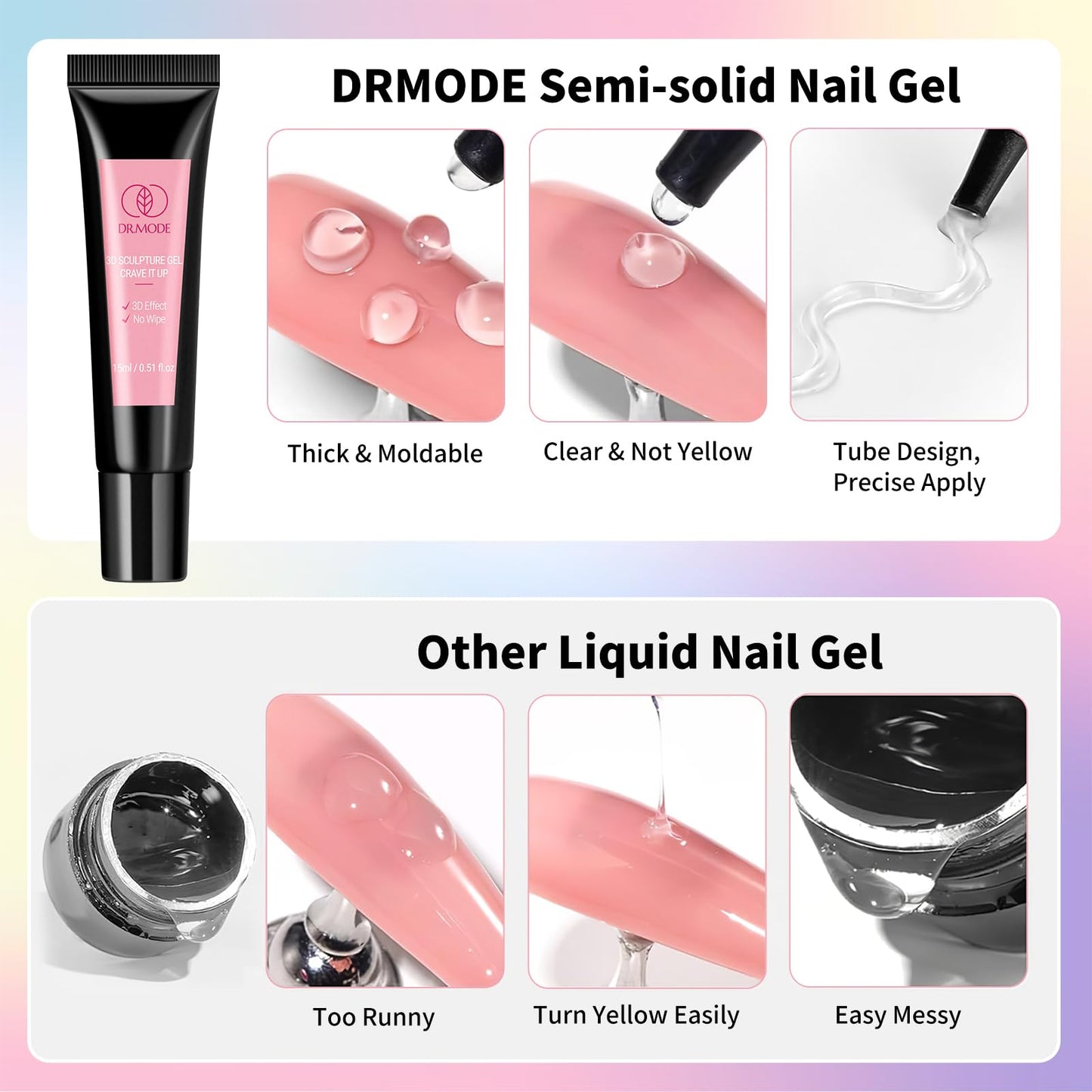 3D Nail Gel and Chrome Nail Powder Kit, 3 in 1 No Wipe Clear 3D Sculpting Gel for Nail Art Carving Molding Rhinestone Glue 15g,