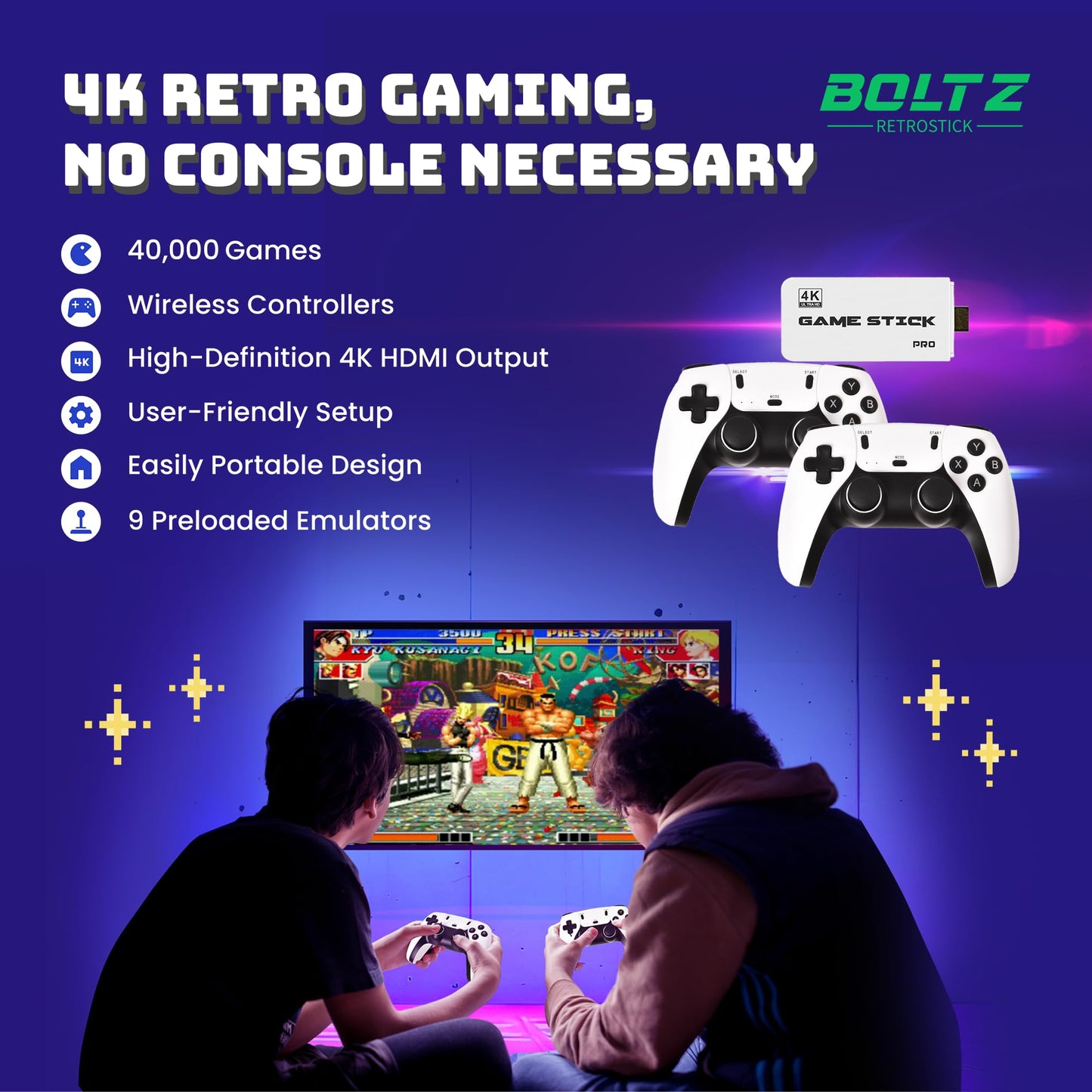 Boltz Retro Stick Gaming Stick โ Retro Gaming Console with 40,000+ Classic Video Games, 9 Emulators, 128GB Storage, Plug & Play 4K HDMI Output, Includes 2 Wireless 2.4GHz Controllers