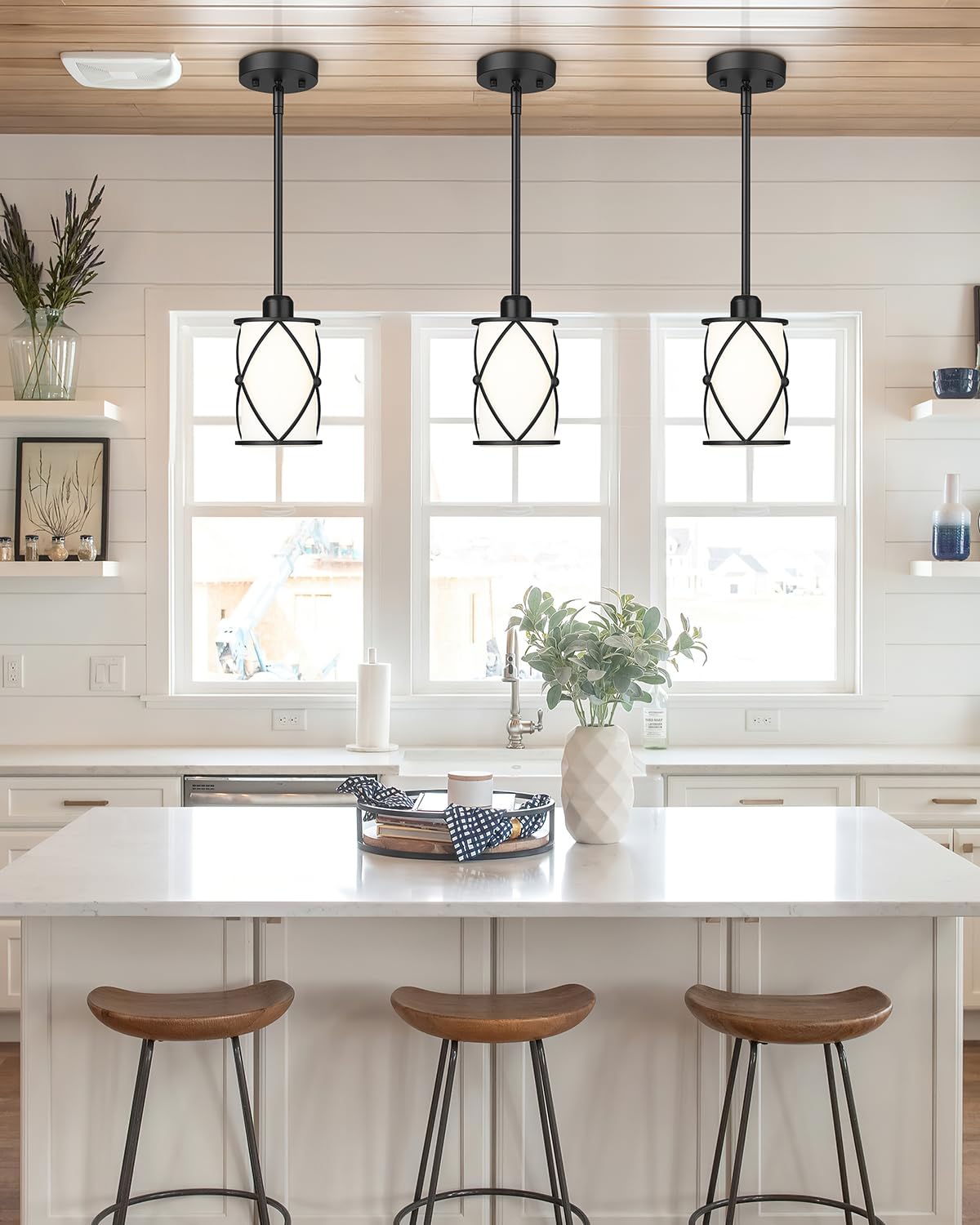 Osimir Pendant Lights Kitchen Island 3 Pack Black Kitchen Pendant Lighting Over Island With Milk Glass And Rods Modern Mini Hanging Light For Sink Dining Room Ch9176Bkw-3Pk