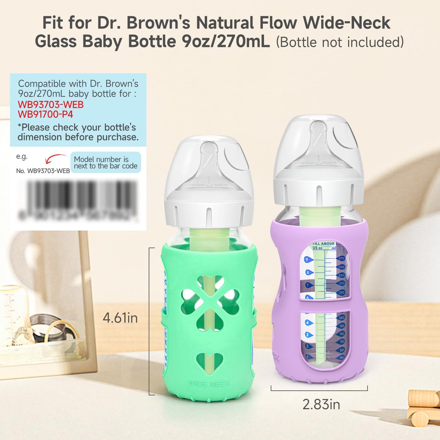 MORLIKE 4 Pack Silicone Sleeves Fit for 9 oz/270 mL Dr. Brown's Wide Neck Glass Baby Bottle, 100% Silicone Covers Protect Baby Glass Bottle, Easy to Grip Bottle Holders for WB93703-WEB WB91700-P4