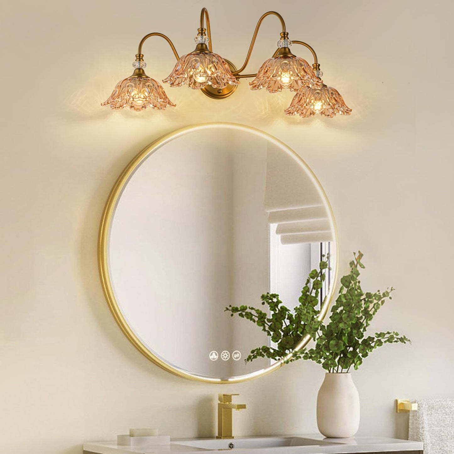 Sunkryster Vintage Bathroom Vanity Light 4-Light Matte Brass Finish Vanity Light With Floral Amber Glass Shades Retro Wall Mount Lighting For Bathroom Dressing Table