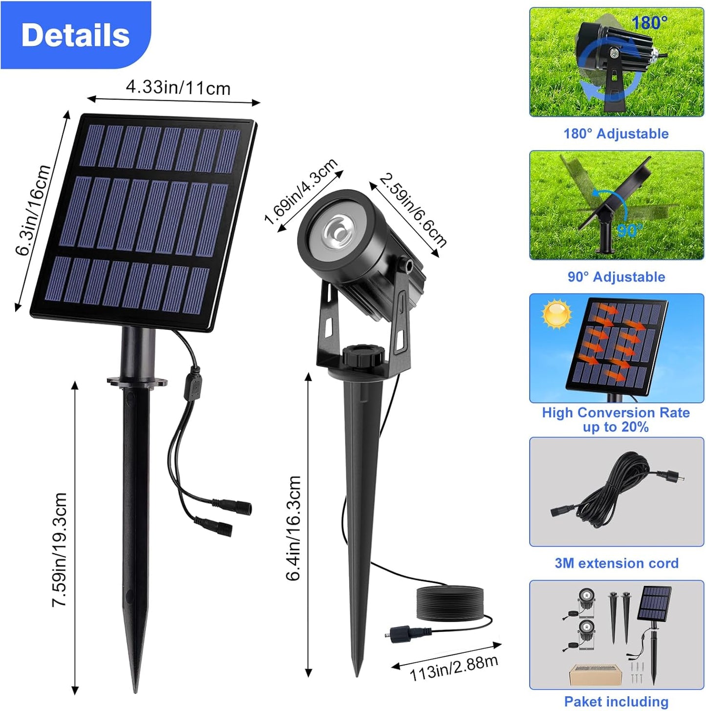 T-SUNUS Halloween 2W Solar Landscape Spotlights Warm White, Garden Spot Lights Outdoor 9.8ft Cable IP65 Waterproof Security Downlight 2-IN-1 for Flag Christmas Tree Pond Garage Deck Yard Wall Backyard