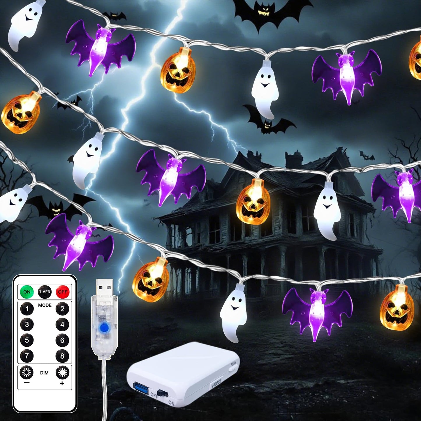 Yooumoga Halloween String Lights - 16FT 30 LED Pumpkin Bat Ghost Battery/USB Operated with Timer, Waterproof, 8 Lighting Modes f