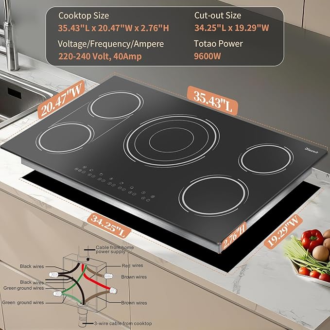 36 Inch Electric Cooktop - 5 Burner Electric Stove Top Powerful 9600W, 36 Inches Built-in Ceramic Stove with Large 3900W Flexible Zone, Timer, Safety Lock, 220V - 240V Hard Wired (No Plug)